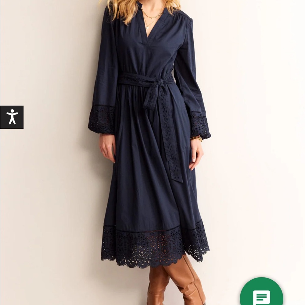 Boden Jen Broderie Navy Eyelet Hem Belted Midi Dress Size 2P - Picture 2 of 13